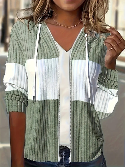 Colour Block Zip-Up Hoodie Jacket – Ribbed Knit Long Sleeve