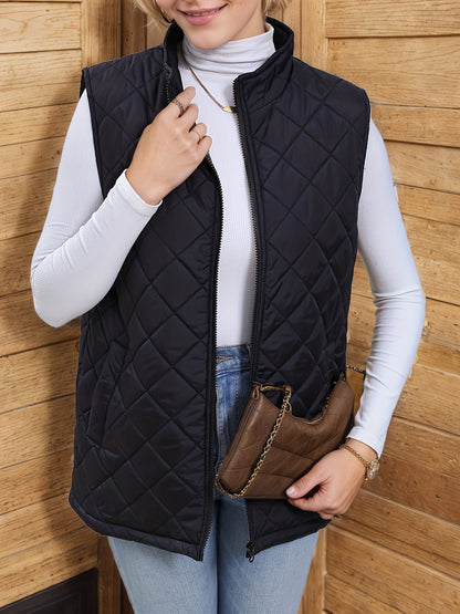 Diamond Quilted Longline Vest – Women's Sleeveless Zip Puffer Vest