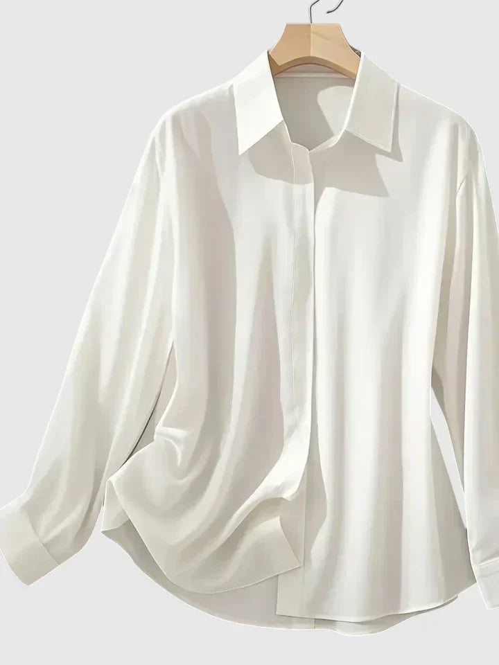 Satin Button-Down Blouse – Long Sleeve Hidden Placket Work Top