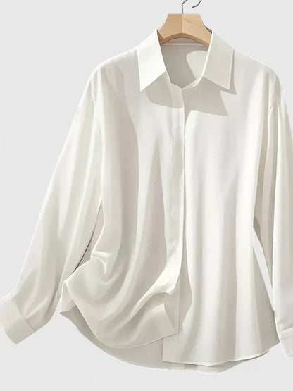 Satin Button-Down Blouse – Long Sleeve Hidden Placket Work Top