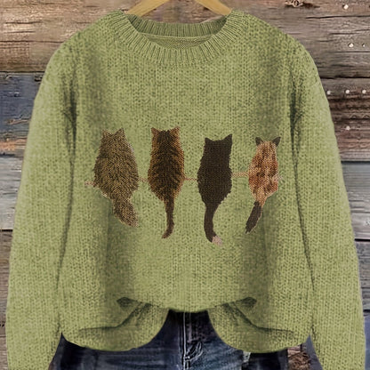 Cat Print Knit Pullover Sweater – Crewneck Relaxed Fit Long Sleeve