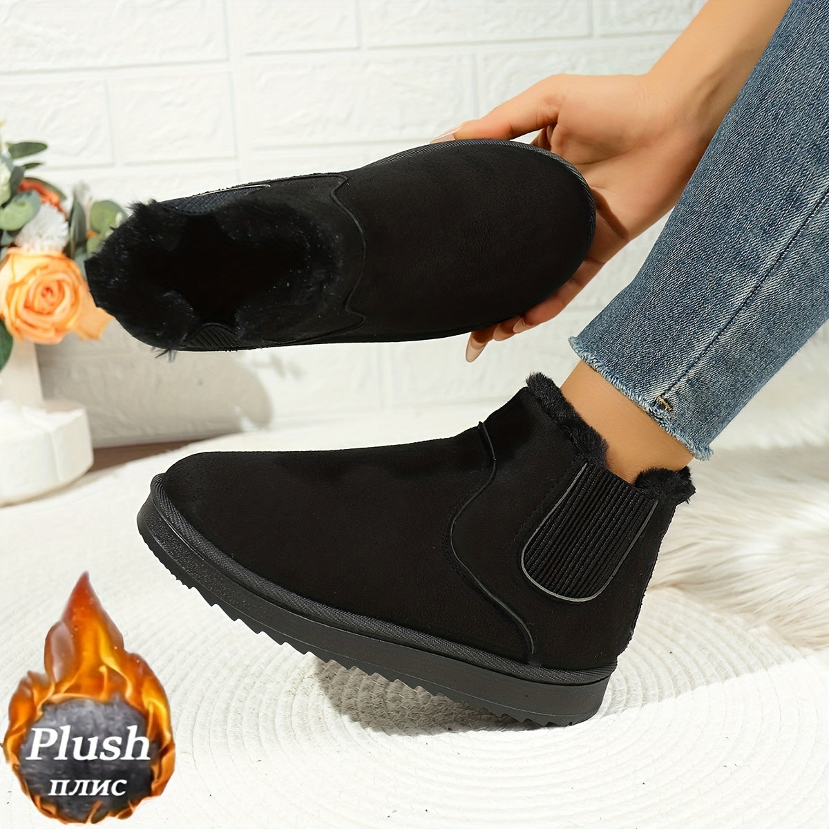 Faux Suede Fur-Lined Slip-On Ankle Boots – Plush Winter Booties