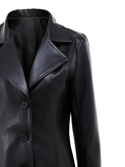 Black Faux Leather Trench Coat – Single-Breasted Mid-Length Slim Fit