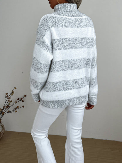Striped Turtleneck Oversized Sweater – Plush Knit Pullover