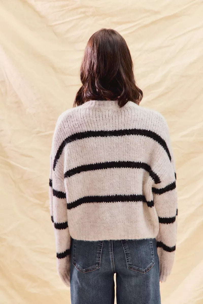 Striped Knit Cardigan – Button-Front Crew Neck Relaxed Fit