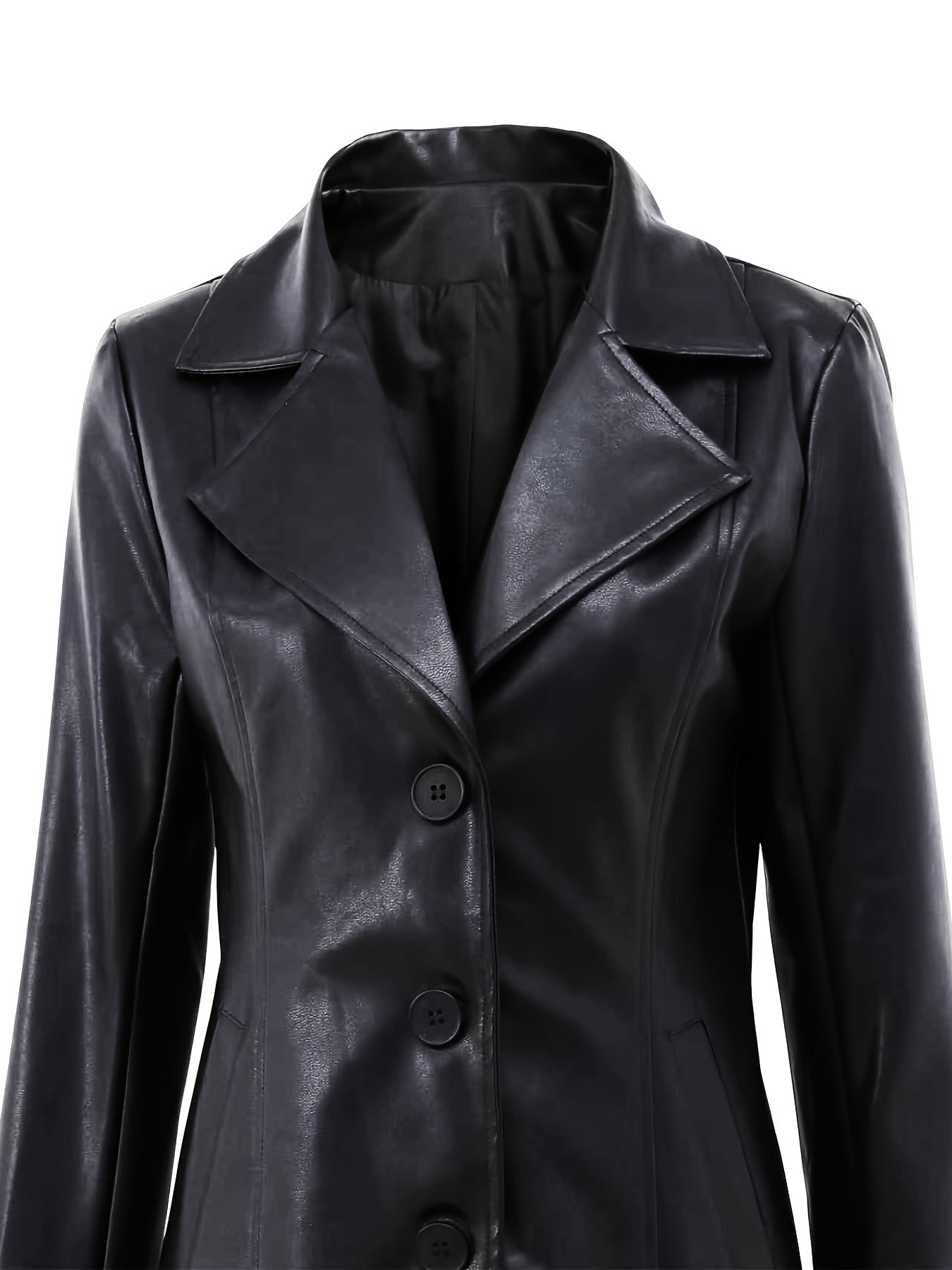 Black Faux Leather Trench Coat – Single-Breasted Mid-Length Slim Fit