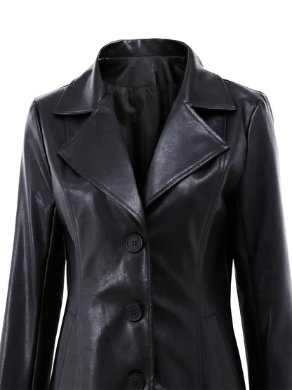 Black Faux Leather Trench Coat – Single-Breasted Mid-Length Slim Fit