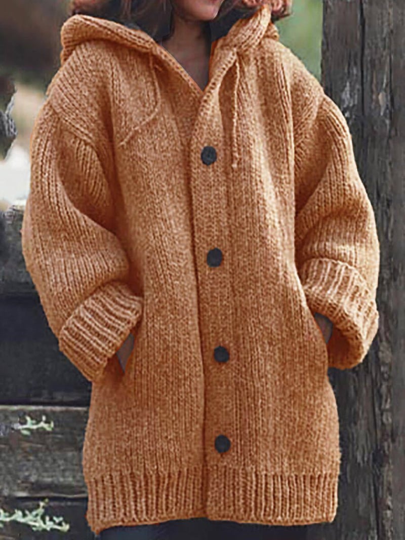 Chunky Knit Hooded Cardigan – Oversized Button-Front with Pockets