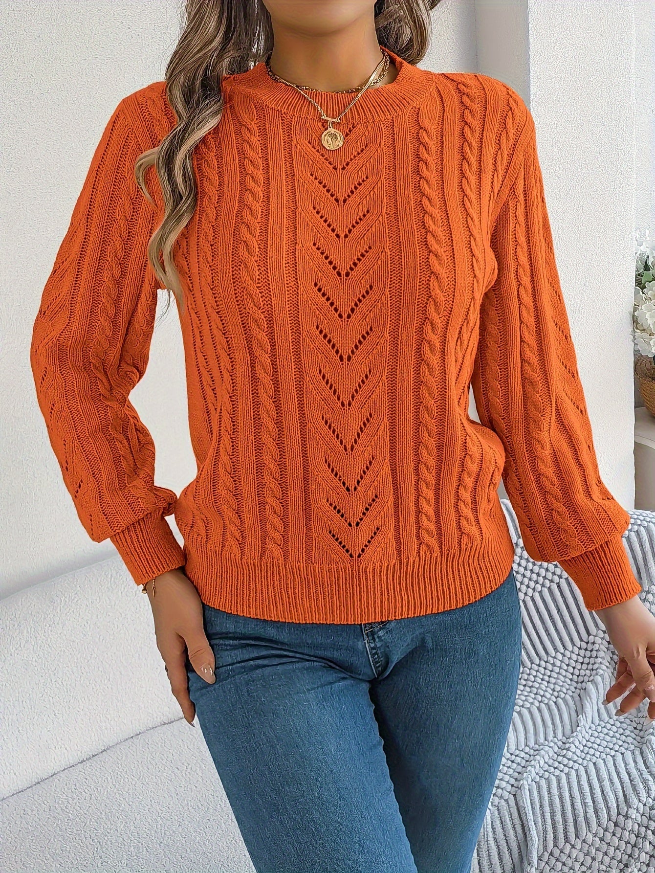 Cable Knit Openwork Pullover Sweater – Crewneck Long Sleeve Relaxed Fit