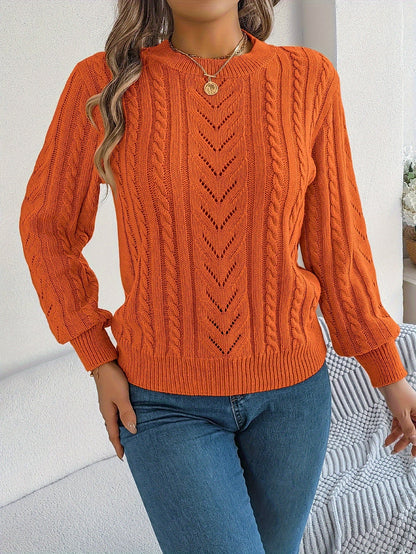 Cable Knit Openwork Pullover Sweater – Crewneck Long Sleeve Relaxed Fit