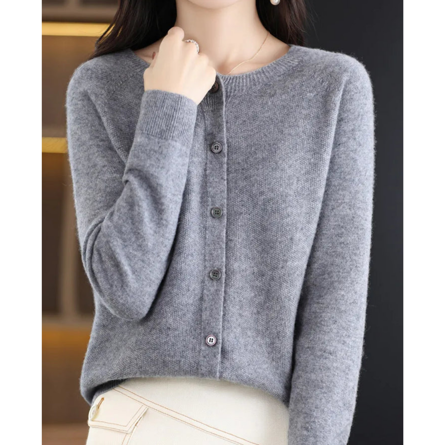 Wool Button-Front Cardigan – Long Sleeve V-Neck Knit Sweater