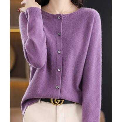 Wool Button-Front Cardigan – Long Sleeve V-Neck Knit Sweater