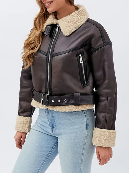 Faux Leather Shearling Moto Jacket – Cropped Belted Aviator