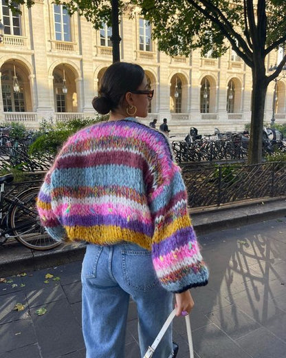 Color Block Cropped Knit Sweater – Multicolor Chunky Pullover