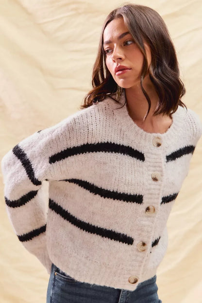 Striped Knit Cardigan – Button-Front Crew Neck Relaxed Fit
