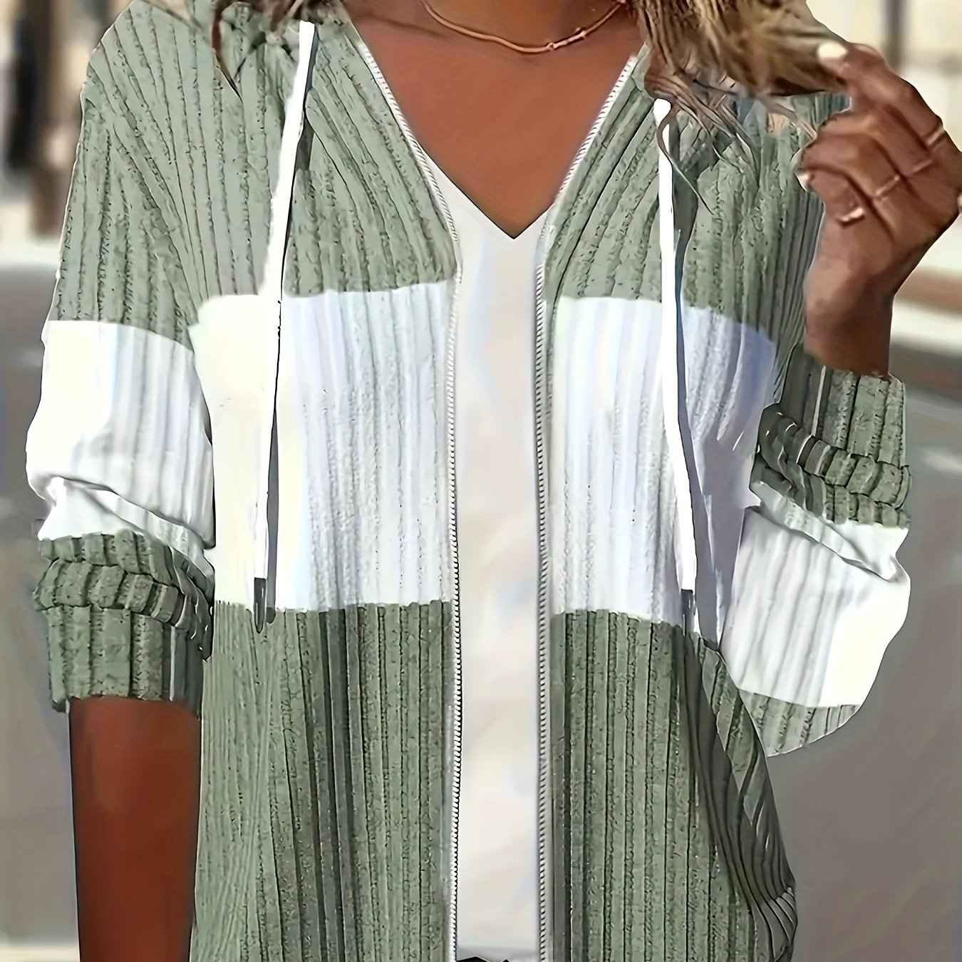 Colour Block Zip-Up Hoodie Jacket – Ribbed Knit Long Sleeve