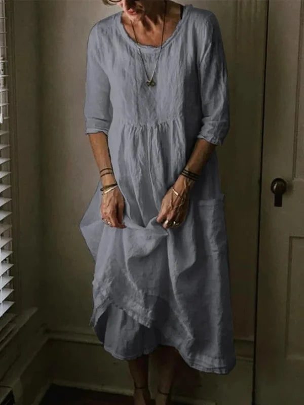 Women's Linen Midi Dress – Loose Fit 3/4 Sleeve Round Neck Casual Dress