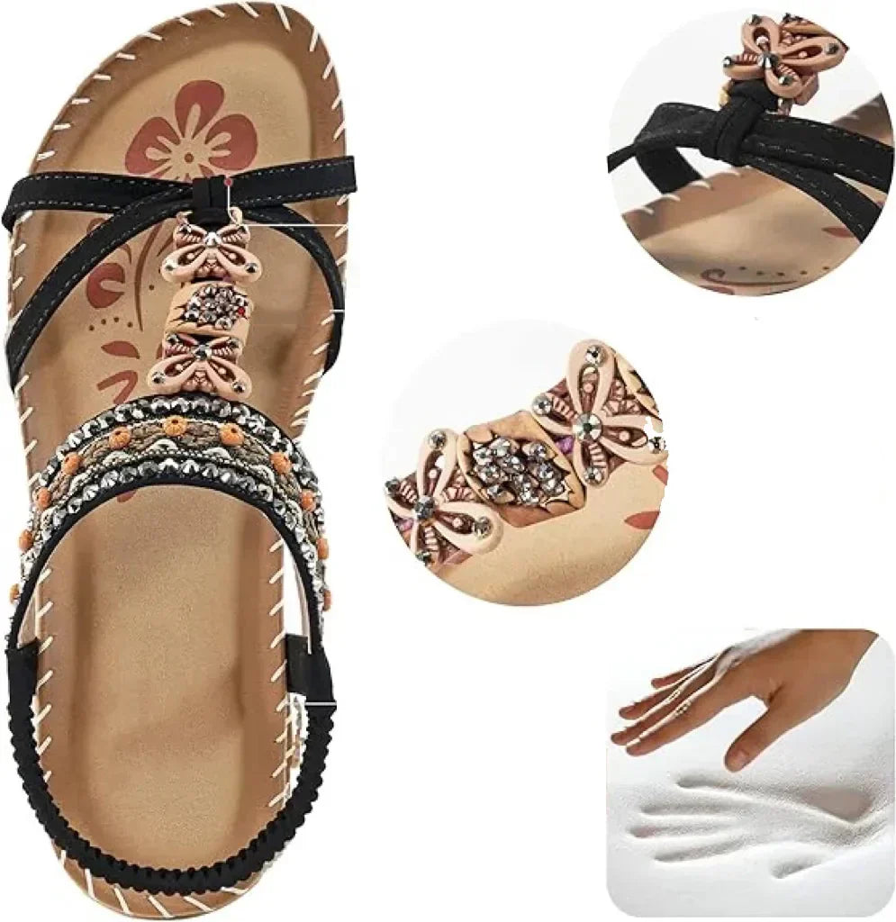 Boho Beaded Flat Sandals – Rhinestone Elastic Ankle Strap Summer Sandals