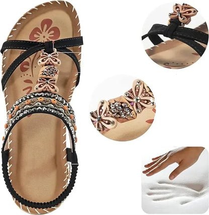 Boho Beaded Flat Sandals – Rhinestone Elastic Ankle Strap Summer Sandals