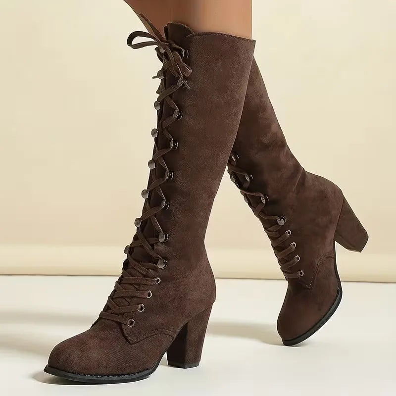 Lace-Up Knee-High Boots – Faux Suede Block Heel Round Toe