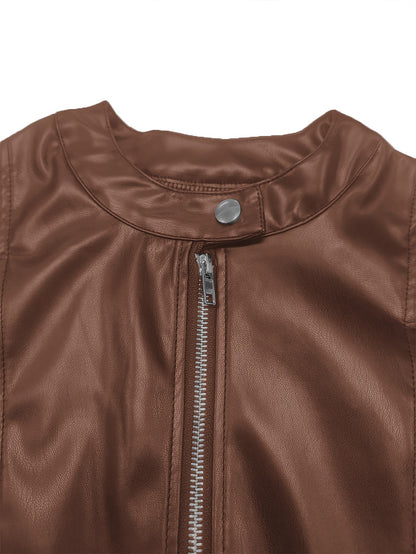 Faux Leather Cropped Moto Jacket – Stand Collar Zip-Up