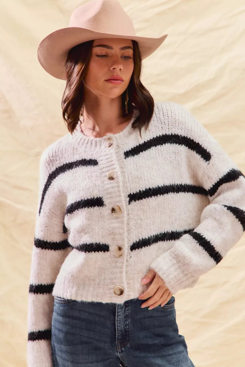 Striped Knit Cardigan – Button-Front Crew Neck Relaxed Fit