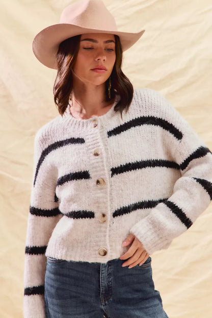 Striped Knit Cardigan – Button-Front Crew Neck Relaxed Fit