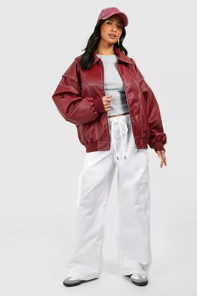 Oversized Faux Leather Bomber Jacket – Red Contrast Stitch Zip-Up