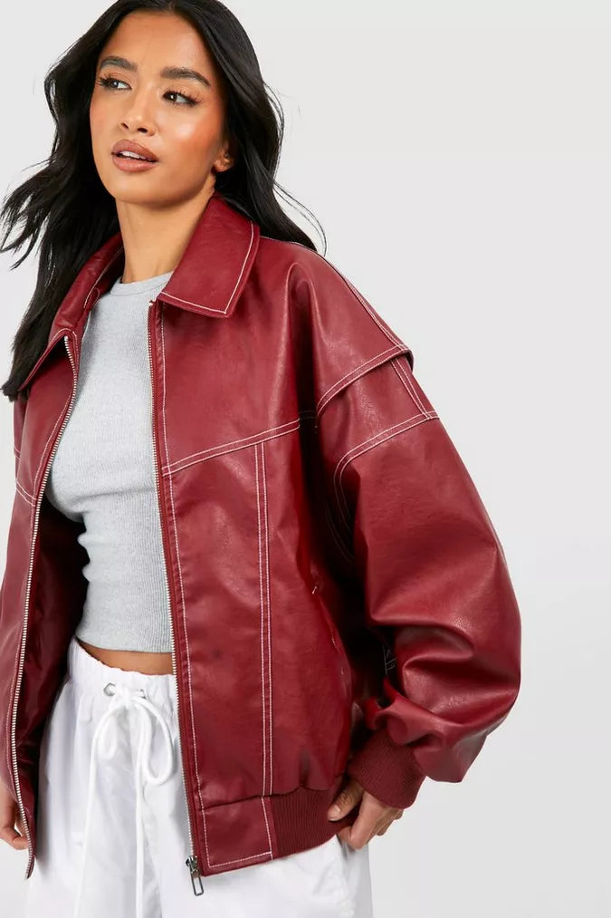 Oversized Faux Leather Bomber Jacket – Red Contrast Stitch Zip-Up