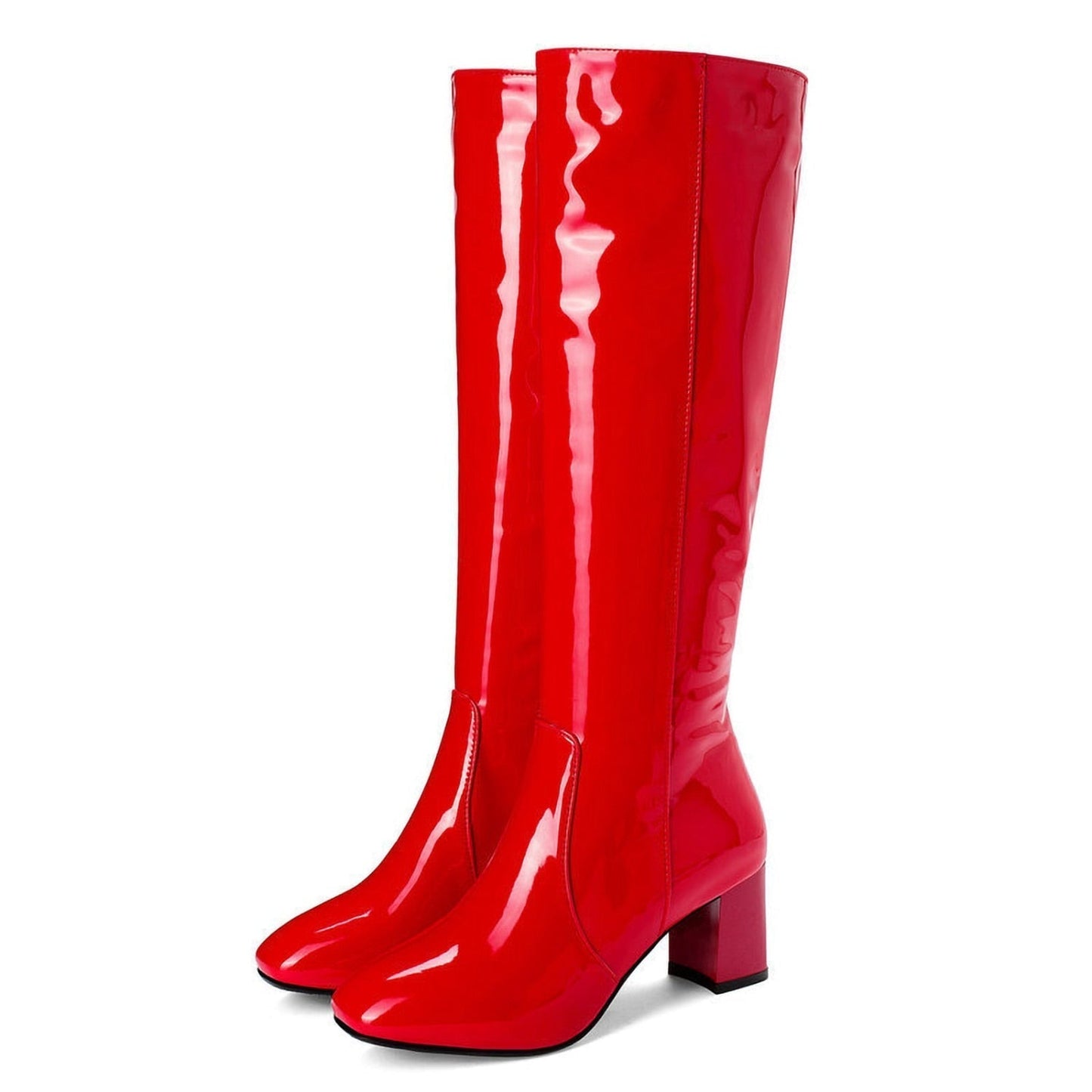 Patent Leather Knee High Boots – Block Heel Round Toe Zip