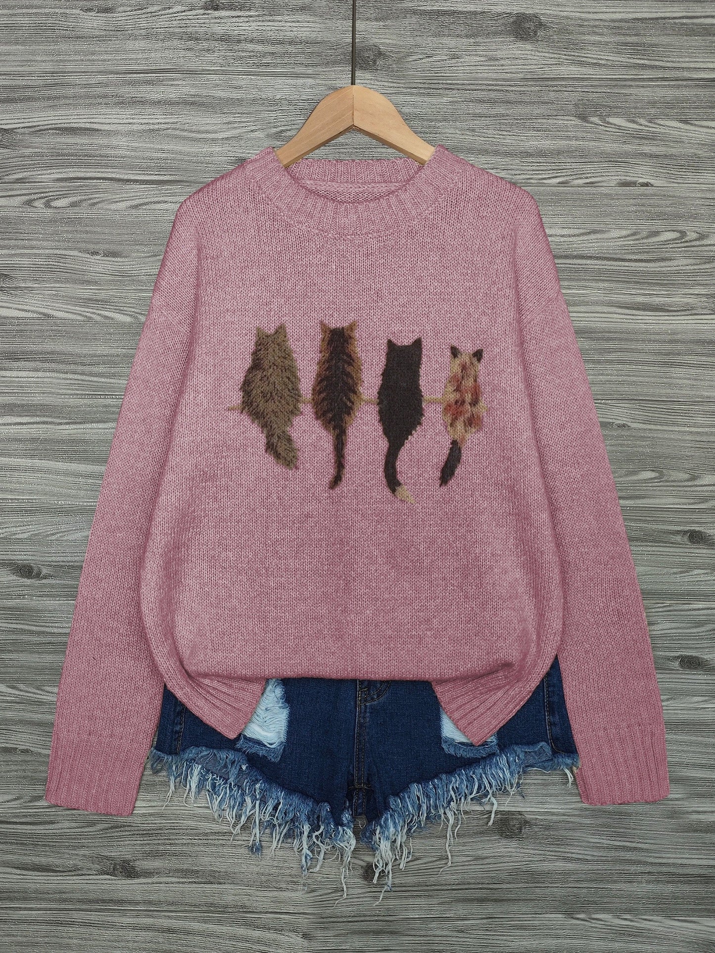 Cat Print Knit Pullover Sweater – Crewneck Relaxed Fit Long Sleeve