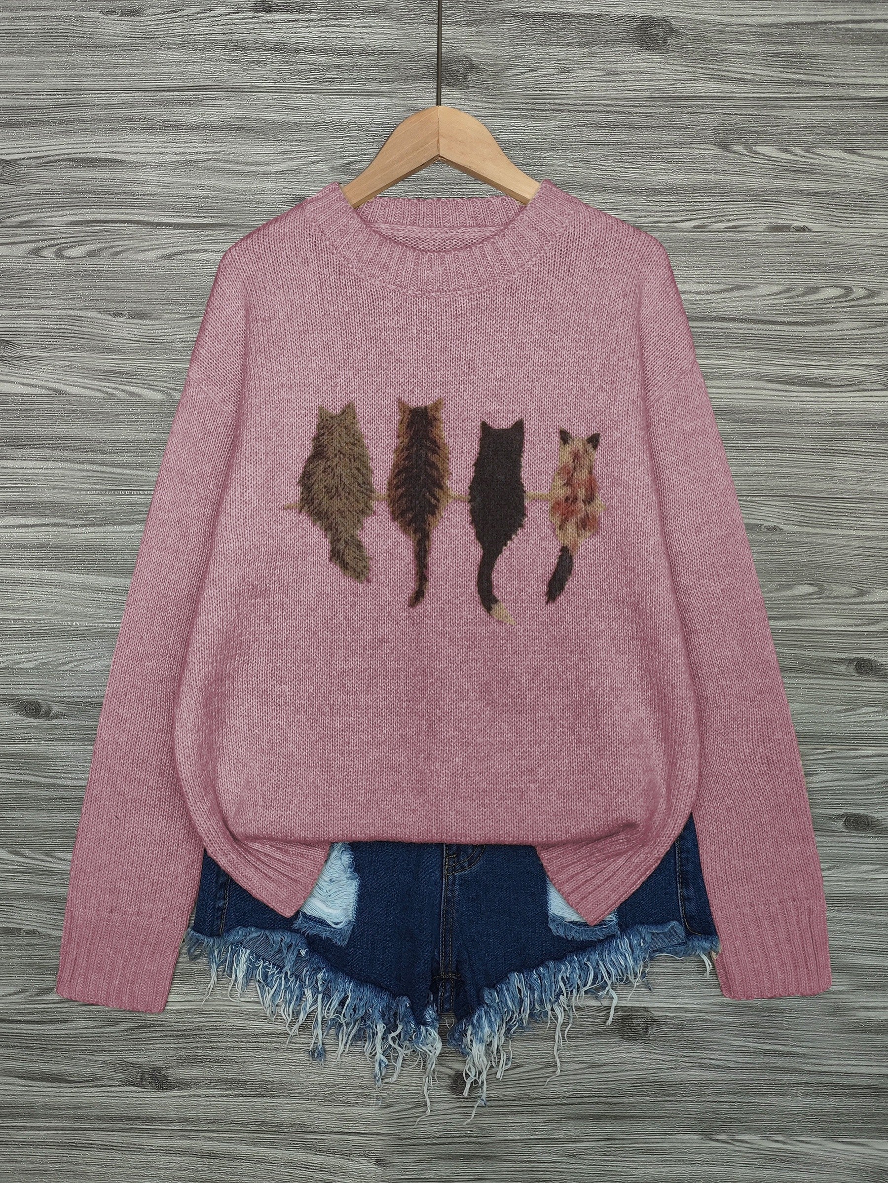 Cat Print Knit Pullover Sweater – Crewneck Relaxed Fit Long Sleeve