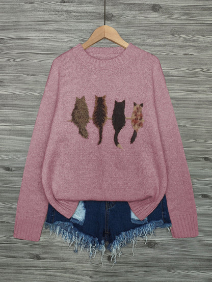 Cat Print Knit Pullover Sweater – Crewneck Relaxed Fit Long Sleeve