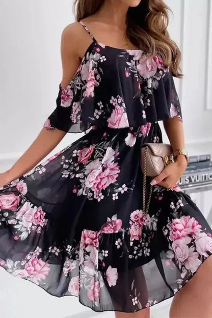 Women's Cold Shoulder Midi Dress – Floral Spaghetti Strap Tiered Ruffle Summer Dress