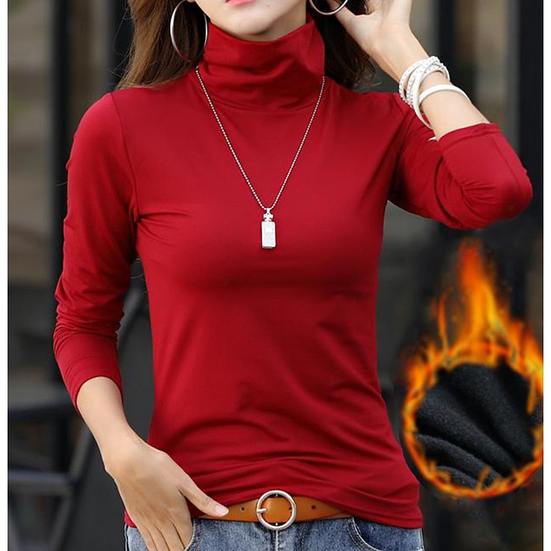 Fleece-Lined Turtleneck Top – Slim Fit Long Sleeve Winter Layer
