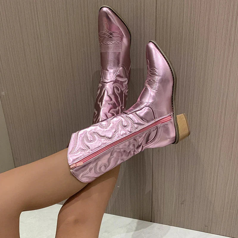 Metallic Embroidered Cowboy Boots – Women's Western Knee-High Block Heel