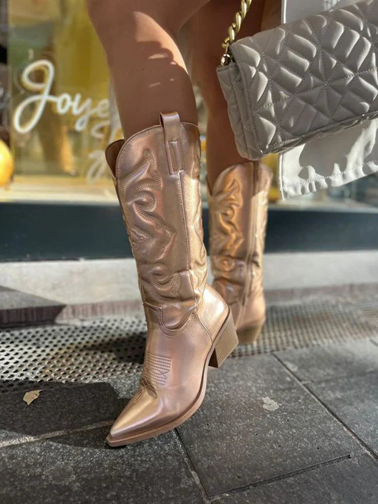 Metallic Embroidered Cowboy Boots – Women's Western Knee-High Block Heel