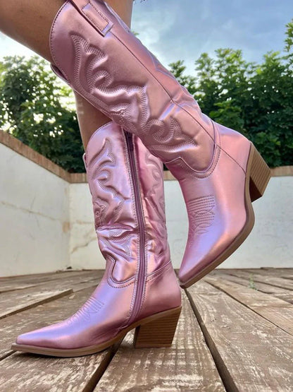 Metallic Embroidered Cowboy Boots – Women's Western Knee-High Block Heel