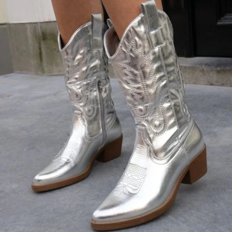 Metallic Embroidered Cowboy Boots – Women's Western Knee-High Block Heel