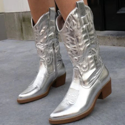 Metallic Embroidered Cowboy Boots – Women's Western Knee-High Block Heel
