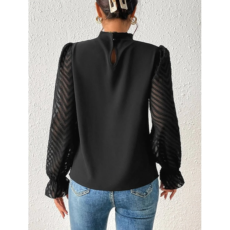 Pleated Mock Neck Blouse – Sheer Lace Sleeve Long Sleeve Top