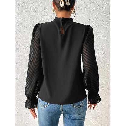 Pleated Mock Neck Blouse – Sheer Lace Sleeve Long Sleeve Top