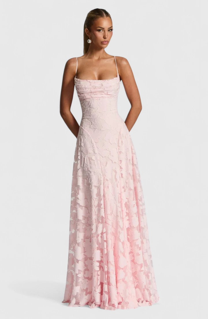 Floral Appliqué A-Line Maxi Dress – Cowl Neck Lace-Up Open Back
