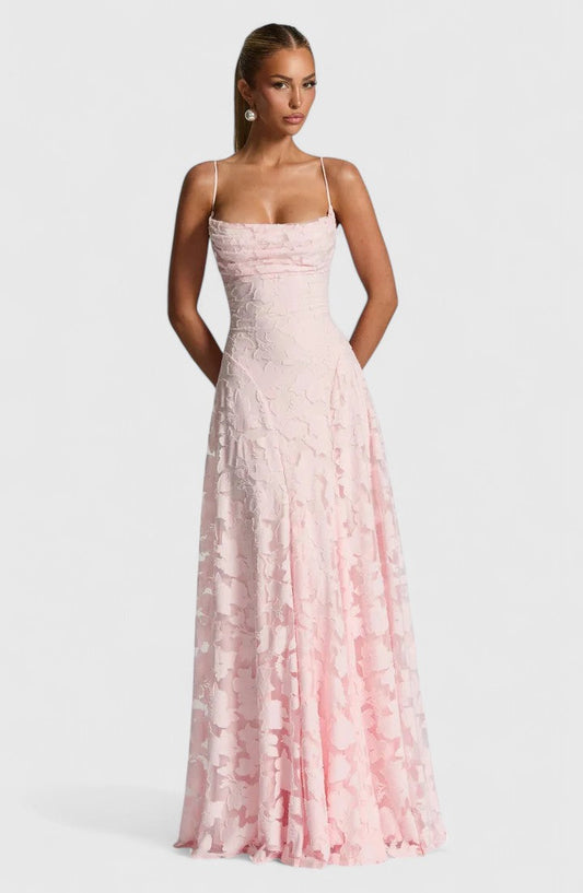 Floral Appliqué A-Line Maxi Dress – Cowl Neck Lace-Up Open Back