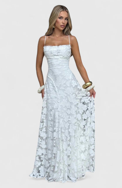 Floral Appliqué A-Line Maxi Dress – Cowl Neck Lace-Up Open Back