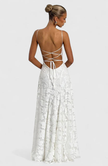 Floral Appliqué A-Line Maxi Dress – Cowl Neck Lace-Up Open Back