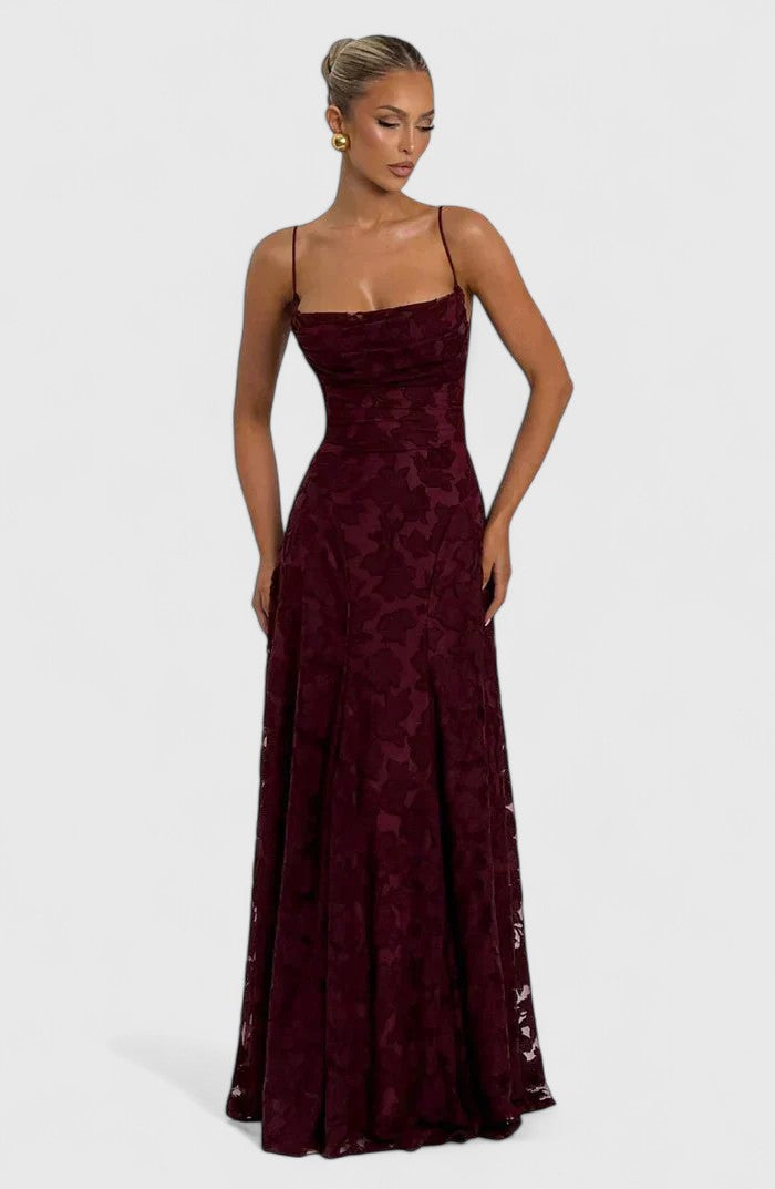 Floral Appliqué A-Line Maxi Dress – Cowl Neck Lace-Up Open Back