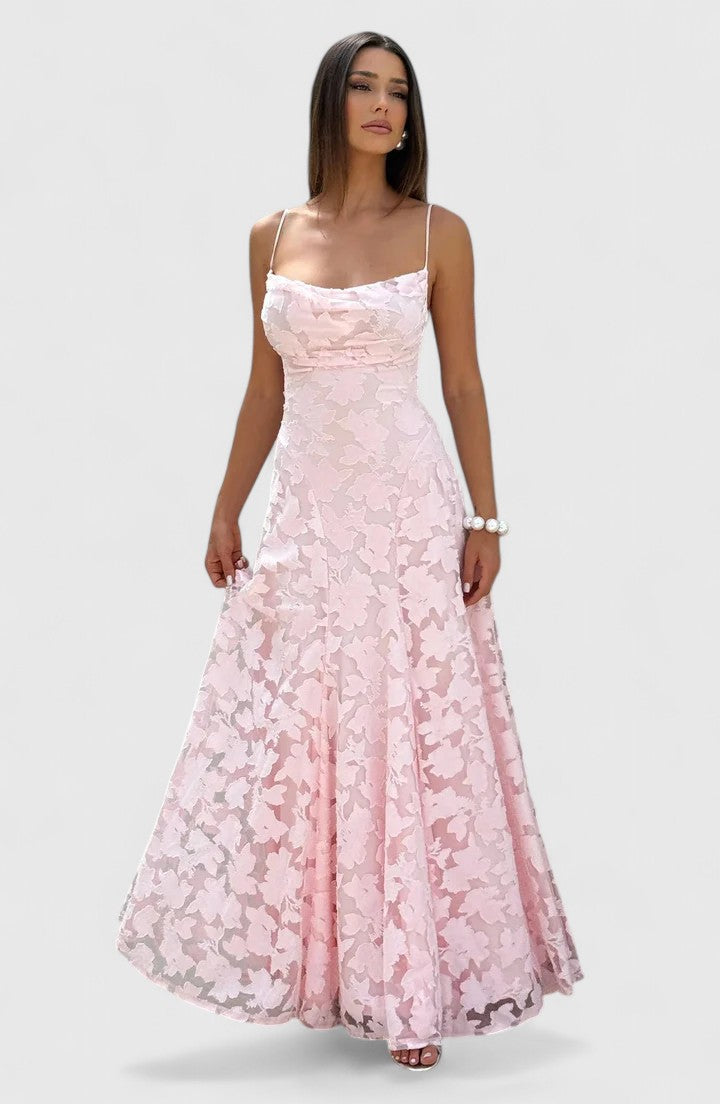Floral Appliqué A-Line Maxi Dress – Cowl Neck Lace-Up Open Back