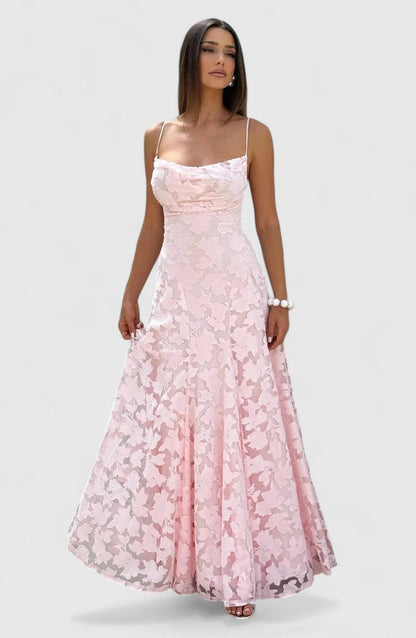 Floral Appliqué A-Line Maxi Dress – Cowl Neck Lace-Up Open Back