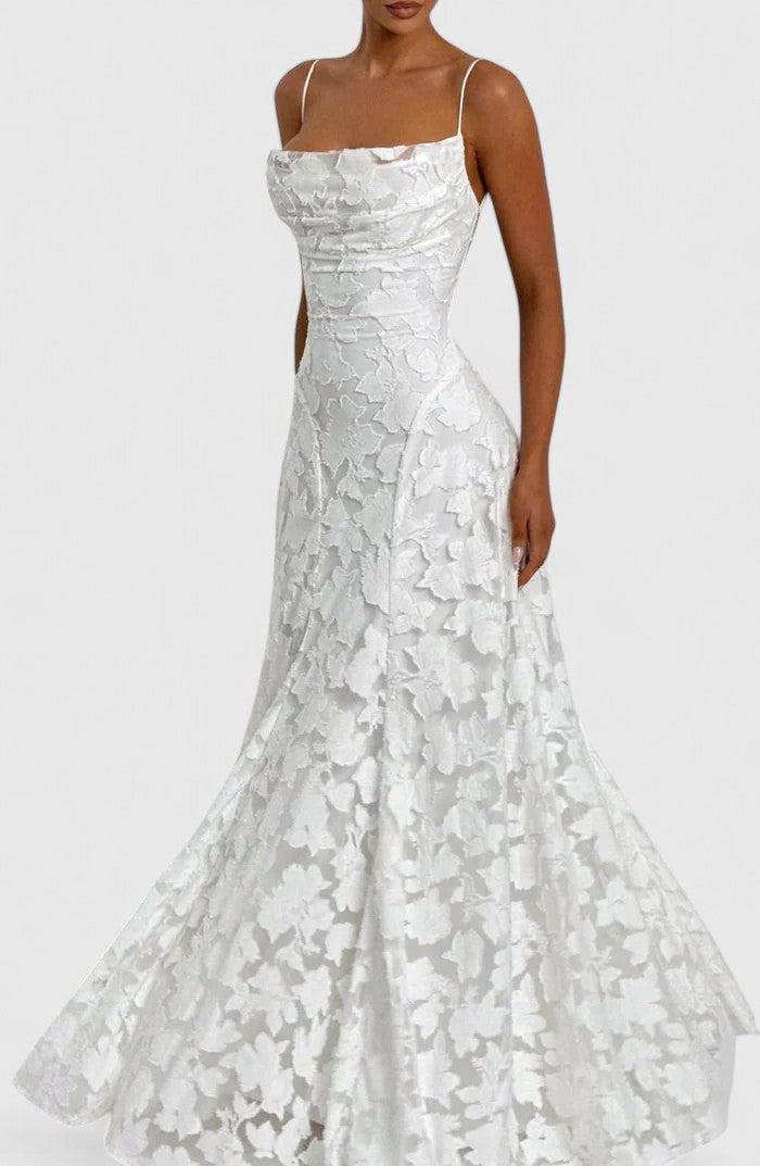 Floral Appliqué A-Line Maxi Dress – Cowl Neck Lace-Up Open Back